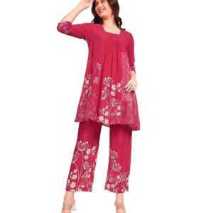 DEEBACO Women's Floral Rayon Ankle Length Tunic & Trouser|Square Neck|Cord Set for Women Fashion|Long Jumpsuits Western Dress for Women Stylish|Latest Two Piece Co ord Set|Party Casual Wear(Red)