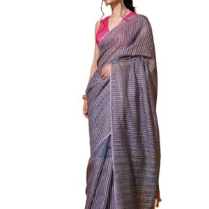 Taneira Women Grey Tissue Linen Embroidered Saree with Unstitched Blouse Piece (SABLBCHIC0101-Grey)