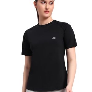 Women Half Mesh Back Workout T-Shirt | Polyester Breathable Panel Round Neck Half Sleeve Activewear Tee | Lightweight Gym Sports Running Training Top for Women Comfortable Everyday Fit
